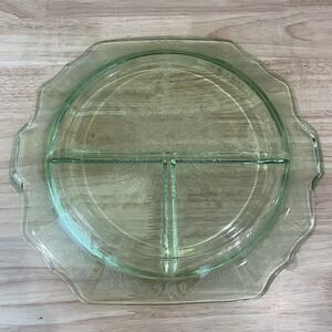 Vintage Depression Glass Ornate 11.75" Green Uranium Vaseline Divided Plate
